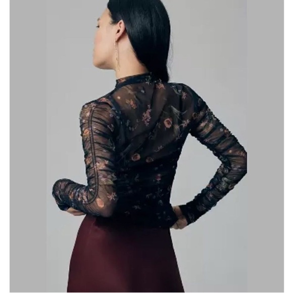 Maeve Black Floral Mesh Sheer Ruched Long Sleeve Top - Picture 2 of 11